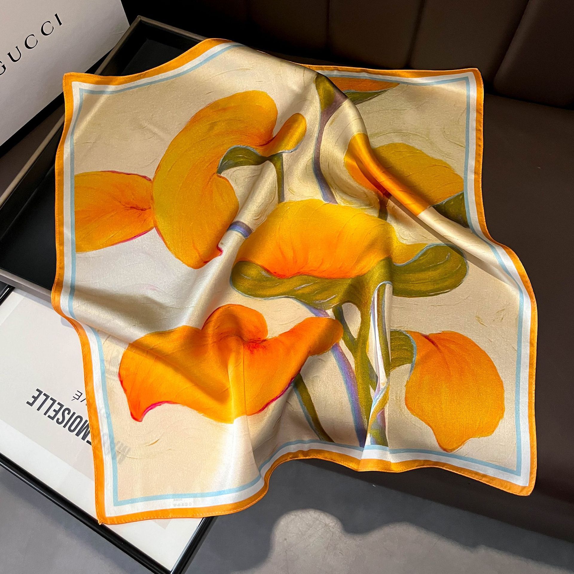Foulard en soie véritable de mûrier pour femmes, 53cm, foulard de luxe, marque de peinture à l'huile, Style chinois et de peinture, printemps-automne, 100%