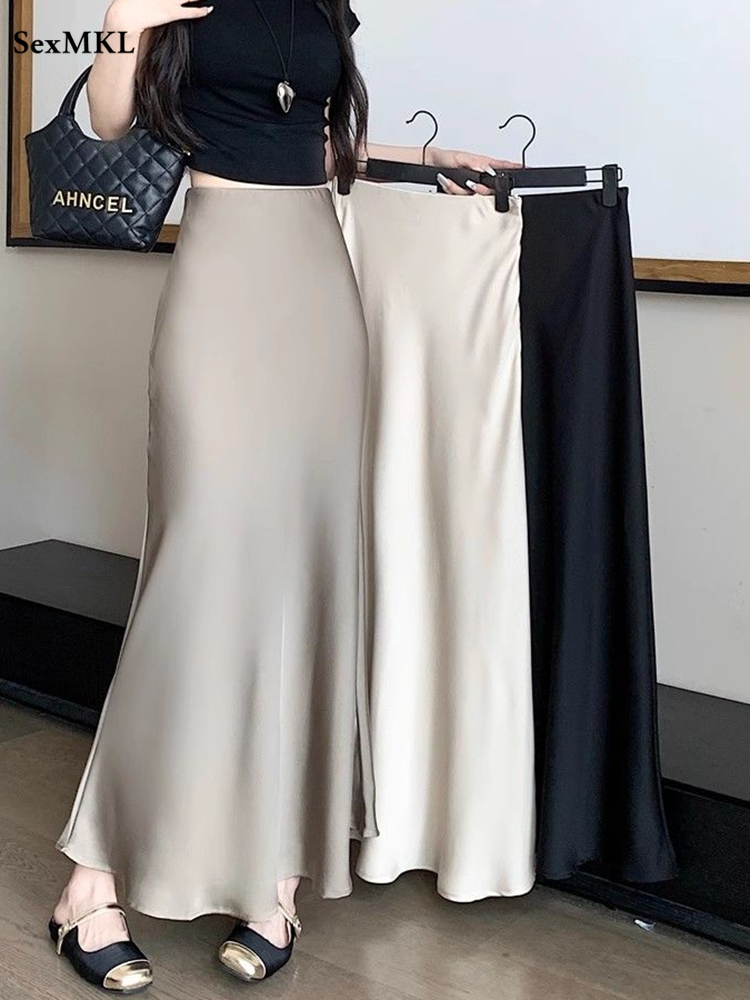 Jupes longues en Satin élégantes pour femmes, vêtements de mode coréenne, taille haute élastique, jupe noire, Streetwear d'été, jupe Midi trapèze, 2025