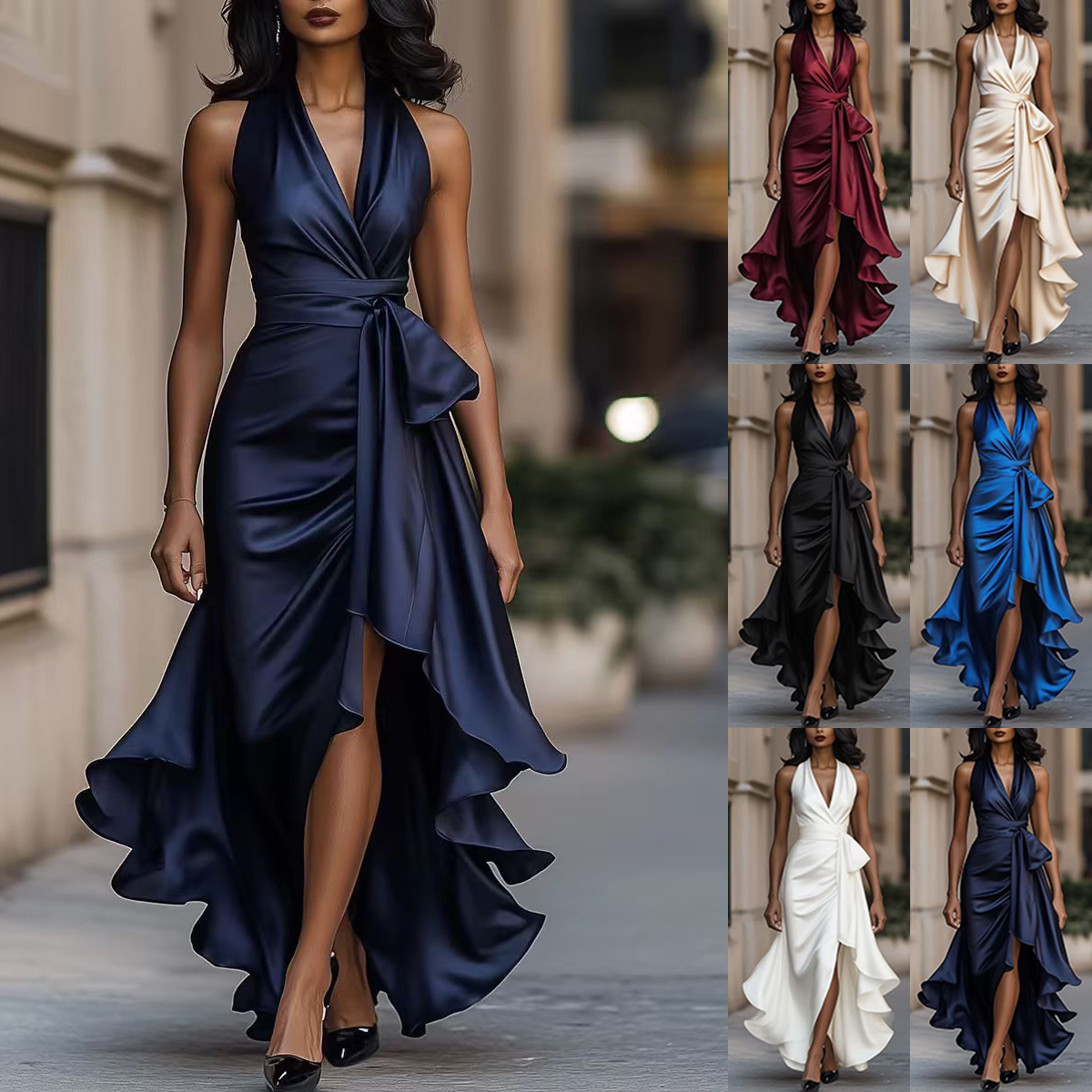 Robes de soirée élégantes pour femmes à col en V profond, volants, taille haute, en satin, avec lacets, pour invitées de mariage
