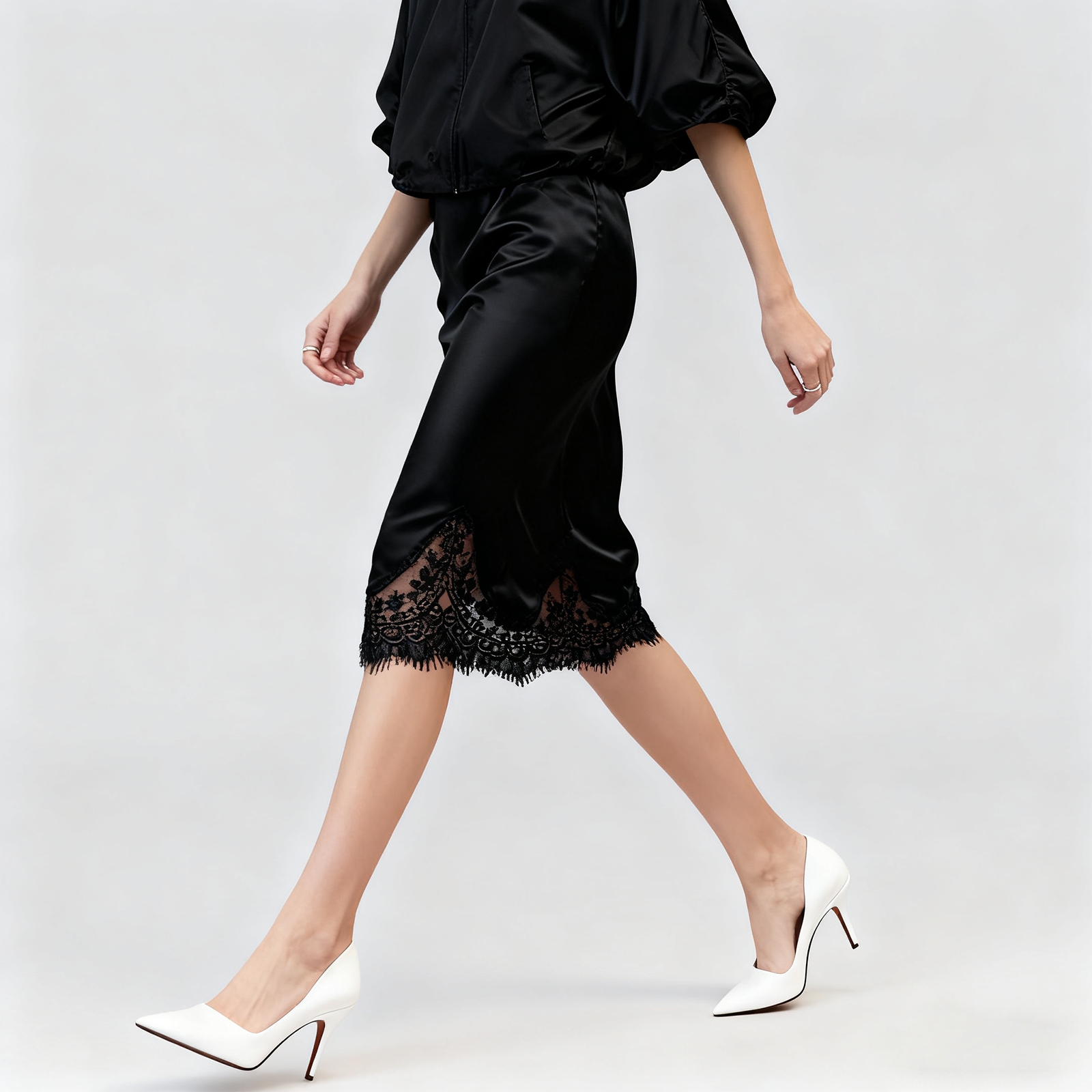 Combhasaki Femmes Soie Satin Mince Demi Slip Jupe Floral Dentelle Ourlet Patchwork Taille Haute Élégant Soyeux Moulante Crayon Midi Jupes