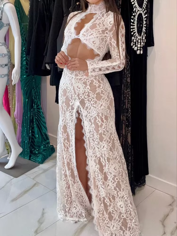 Huhugirl – robe longue en dentelle pour femmes, ajourée, unie, sexy, manches longues, fente, col montant, style streetwear, décontractée