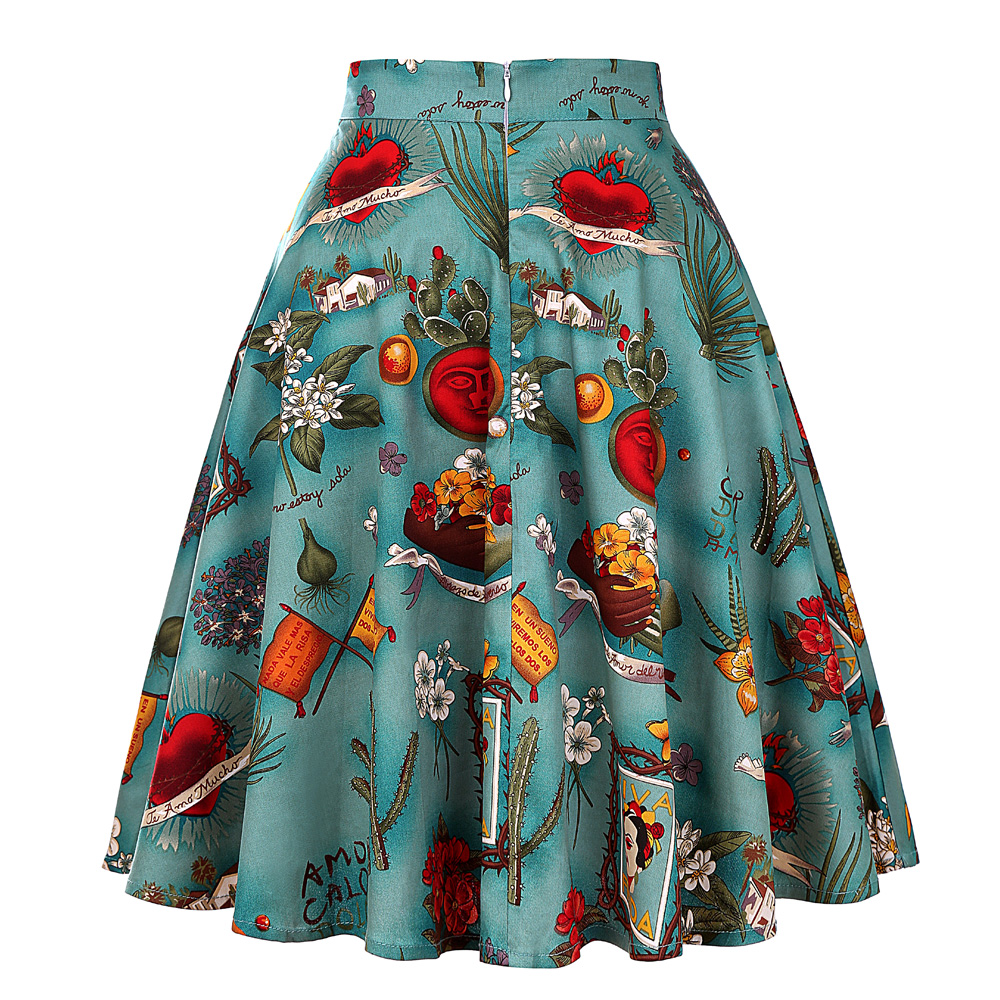 Jupe trapèze mi-longue en coton pour femme, robe d'été noire, taille haute, piste, vintage, pin-up, années 40, 50, 60, école, 03/Rockabilly, patineuse