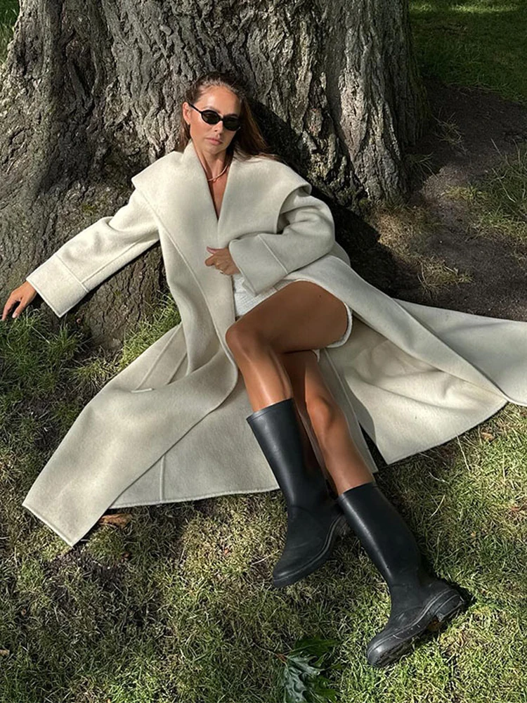Manteau Long surdimensionné en laine pour femme, élégant, couleur unie, col châle, point ouvert, à lacets, automne-hiver, vêtements d'extérieur décontractés, 2025