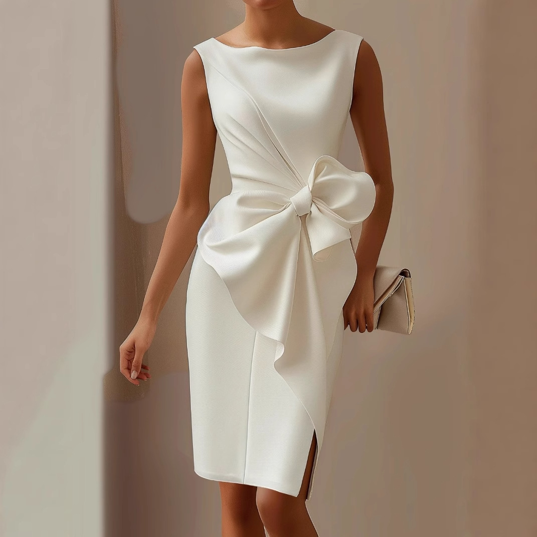2025 robe femme col rond sans manches blanc élégant nœud mince fête rouge soirée fente gilet jupe