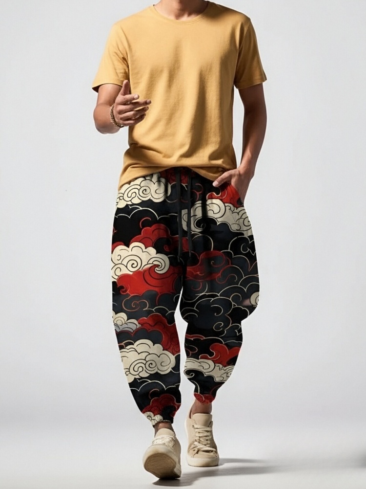 Pantalon de survêtement ample pour homme, style japonais, imprimé nuage artistique, taille à cordon, coupe oversize, large, long, sport, 2026