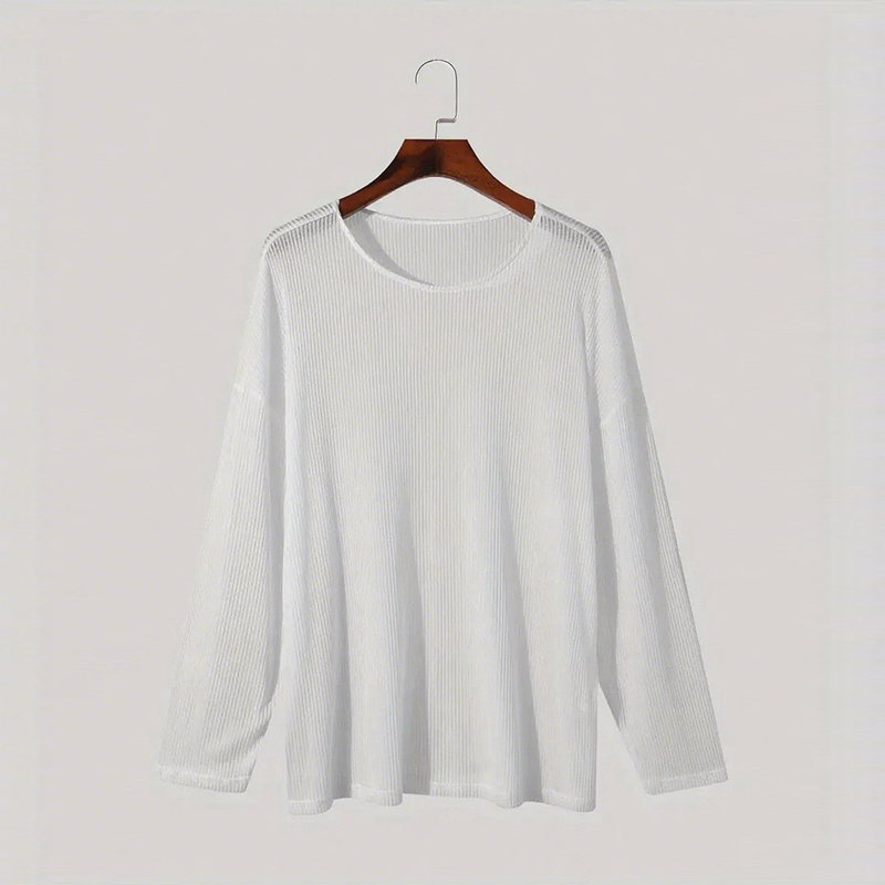 Nouvelle mode américaine hommes T-shirt Sexy transparent col rond à manches longues hauts loisirs KH évider couleur unie pulls S-2XL