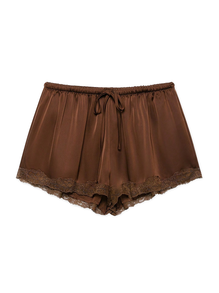 Shorts en satin et dentelle pour femme avec taille élastique et cordon de serrage pour l'été