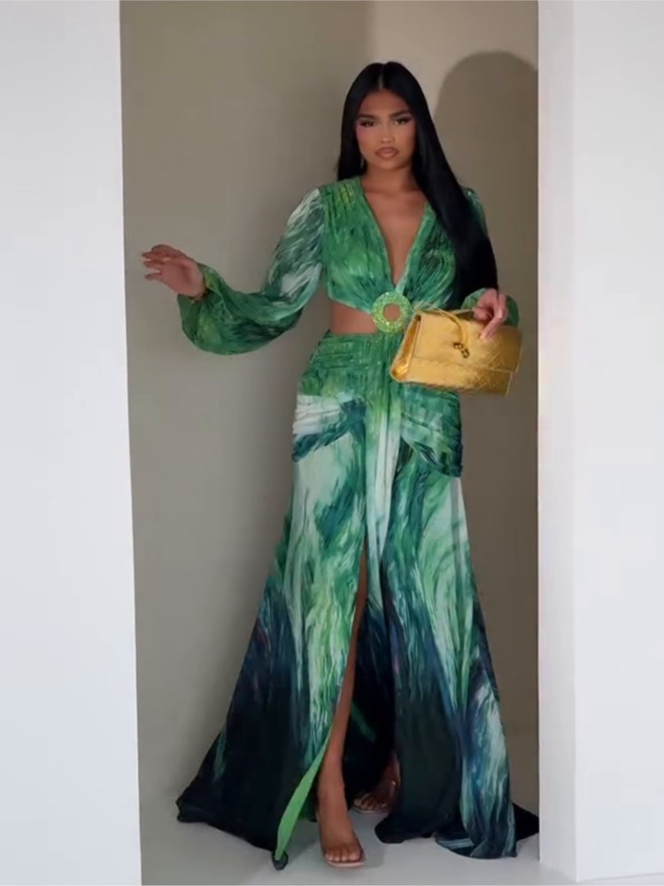Robe femme 2025 mode été nouveaux robes Para Mujer femmes vacances Style élégant à manches longues fendu imprimé robes fendues