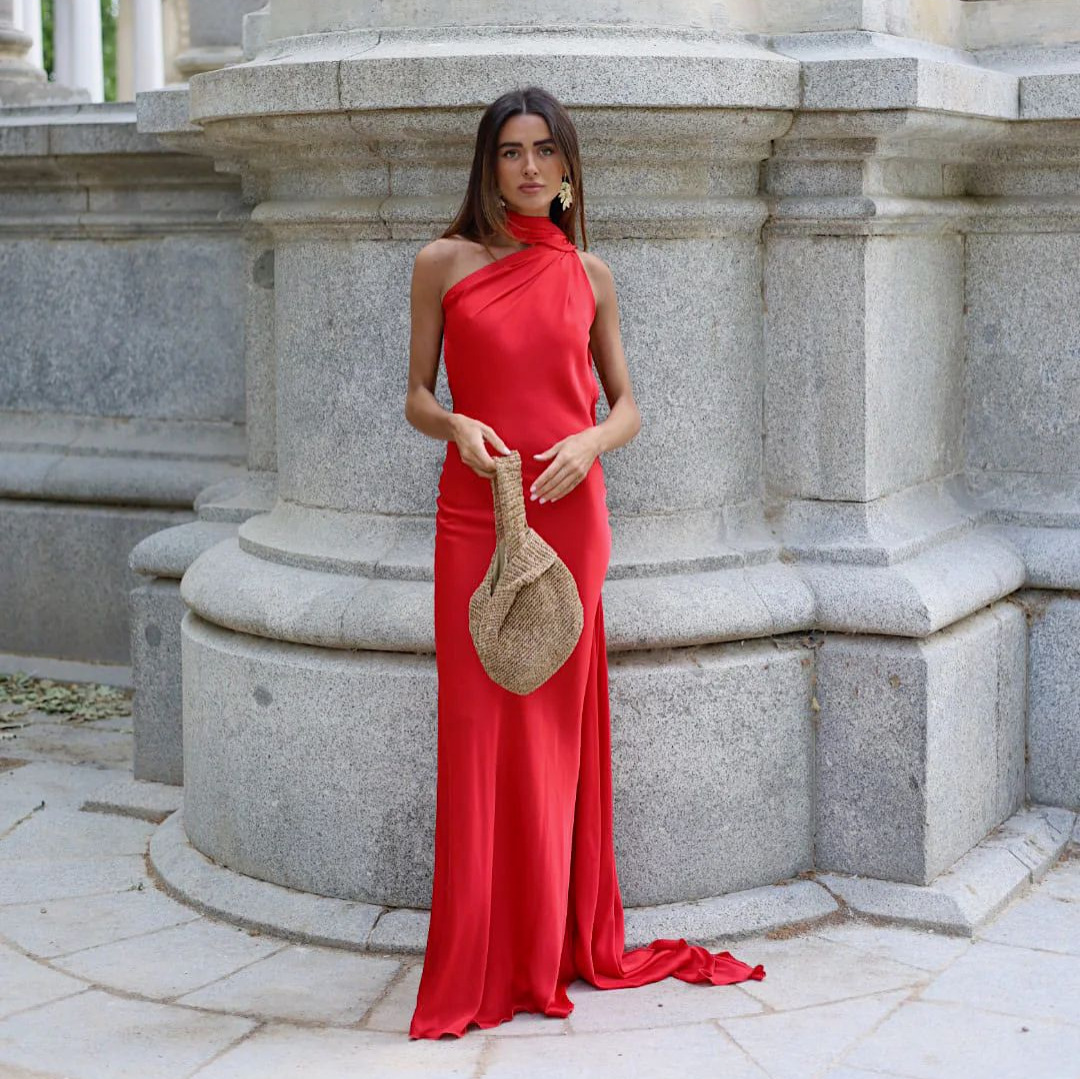Robe dos nu à col drapé, style européen et américain, pour femme, légère et élégante