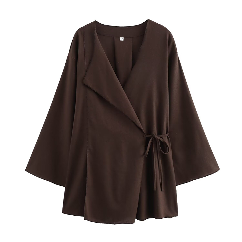 Kimono en lin croisé à manches longues pour femmes, col en V à lacets, chemise d'été décontractée, élégant