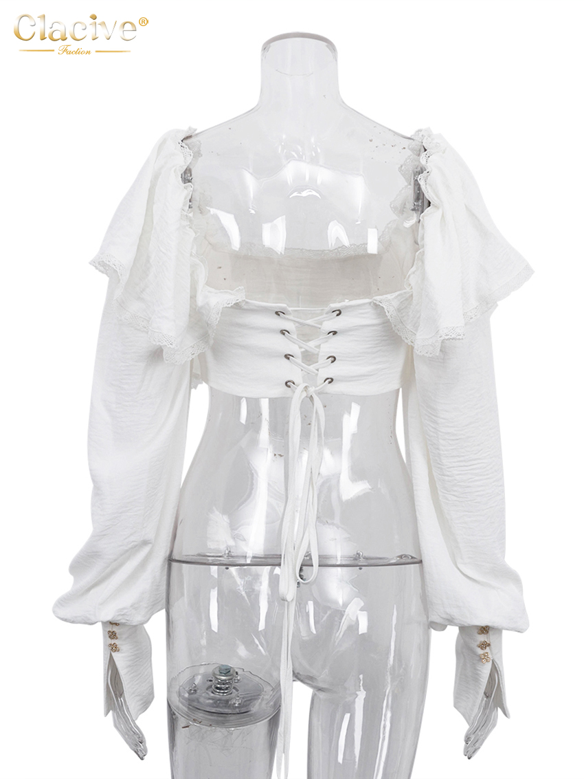 Clacive Sexy mince blanc femmes haut 2025 mode col carré à manches longues haut court élégant classique solide hauts vêtements féminins