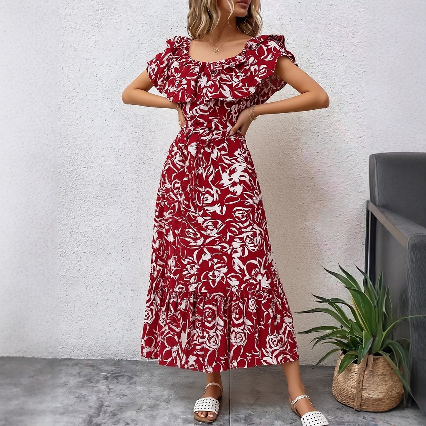YuooMuoo Robe longue florale pour femme, épaules dénudées, style coréen, à volants, taille ajustée, coupe trapèze, robe de soirée, bohème d'été, ceinturée, robe de plage