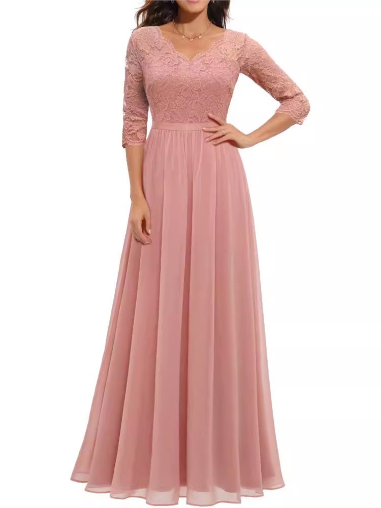 Mode dentelle Robe ample pour les femmes élégant solide trois quarts col en V taille haute robes Robe Femme formelle soirée nouveau