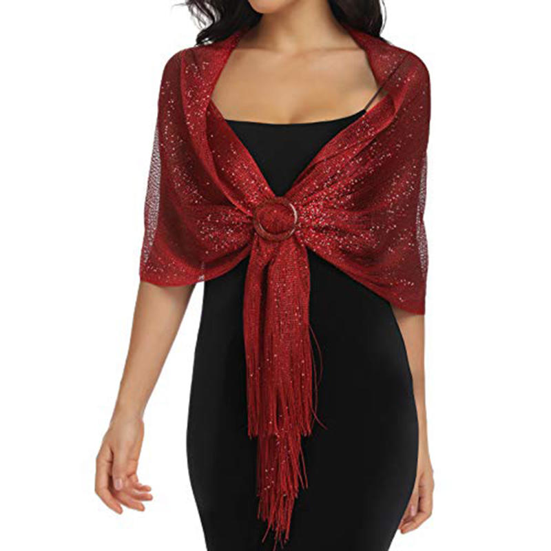 Châle décoratif pour femmes, écharpe à pampilles en soie dorée et argentée pour jeu de plage, avec boucle, tenue de dîner, de danse, de mariage