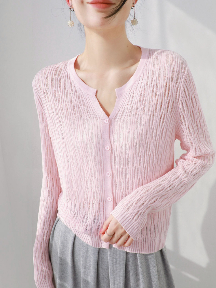 Cardigan en tricot à col rond et manches longues, style festonné, en lin et soie glacée ajouré, couleur unie, pour femme, Nouvelle collection Printemps-Été 2026