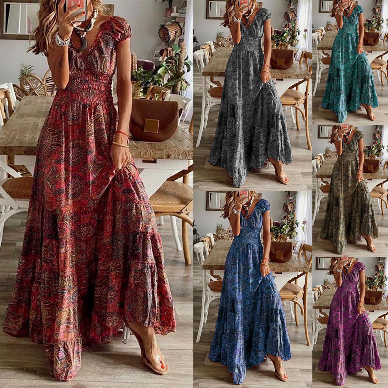 Nouvelle Robe Longue Style Bohème Européen et Américain 2026, Taille Cintrée, Imprimé Floral, Robe à Grand Ourlet