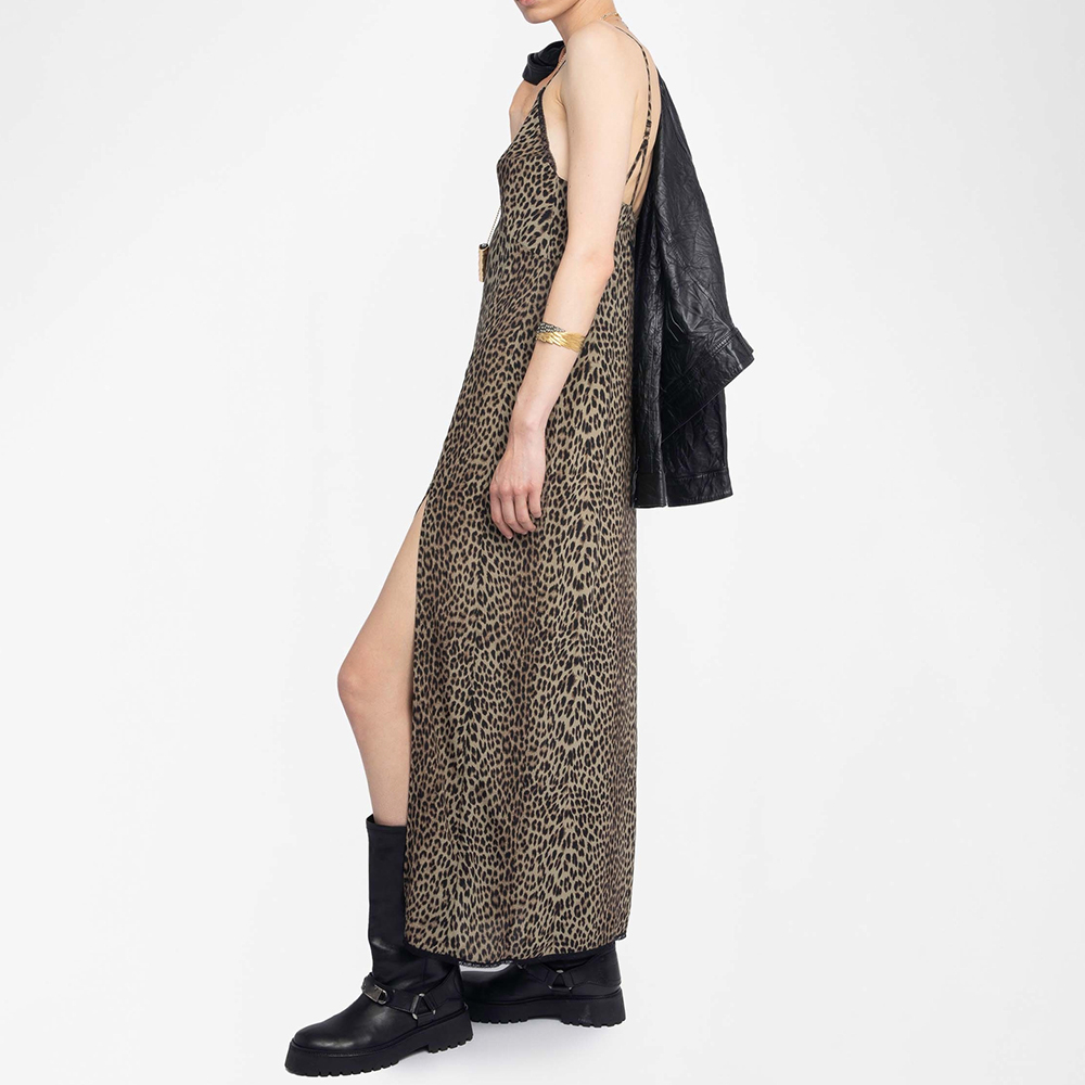 Rowan 22T456 léopard imprimé graphique dos broderie femmes robe été col en v sans manches dame jupe longue décontracté robe classique