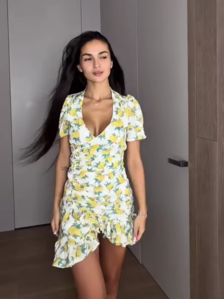 Robe Courte Plissée Élégante à Volants Imprimée pour Femme, Col V Sexy, Manches Courtes Bouffantes, Taille Cintrée, Robes de Vacances 2026 pour Dames