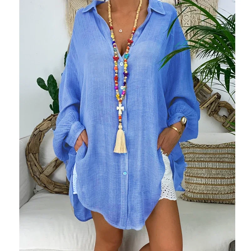 Chemise en lin à manches longues chemise boutonnée blanche chemisier en coton décontracté ample hauts pour femmes Blouses chemises T-Shirts sur mesure