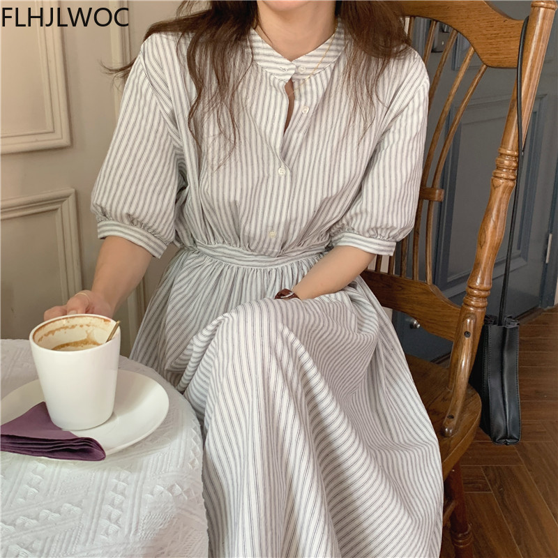 Robe longue à boutons et rayures pour femmes, tenue Chic, mode coréenne, Style japonais, coréen, simple boutonnage, boutons, longue chemise