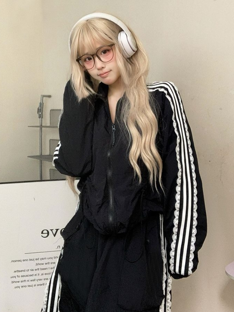 Mode dentelle Patchwork rayé Protection solaire femmes veste casual fermeture éclair conception manteau Harajuku femme Chic coréen populaire vêtements