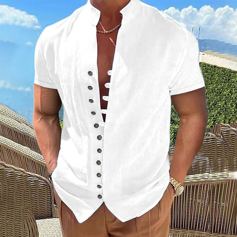 Chemises d'été à manches courtes pour hommes, chemise formelle blanche, chemises habillées sociales décontractées en coton et lin, chemisiers de plage, vêtements pour hommes