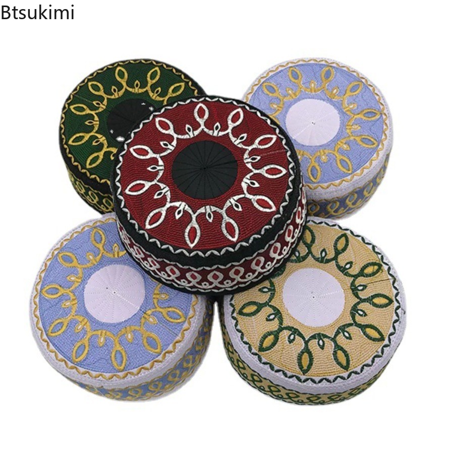 Mode musulmane broderie chapeaux hommes prière culte chapeaux décontracté fête de mariage arabie saoudite Turban casquette enfants islamique chapeau plat
