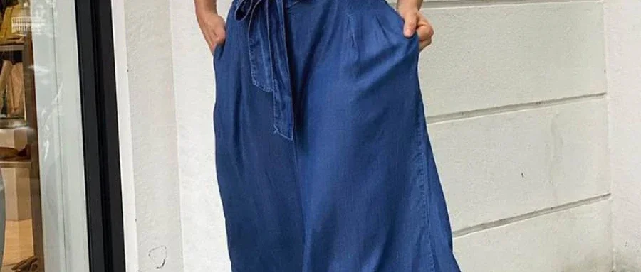 Pantalon long en jean pour femme, coupe ample, taille haute, couleur unie