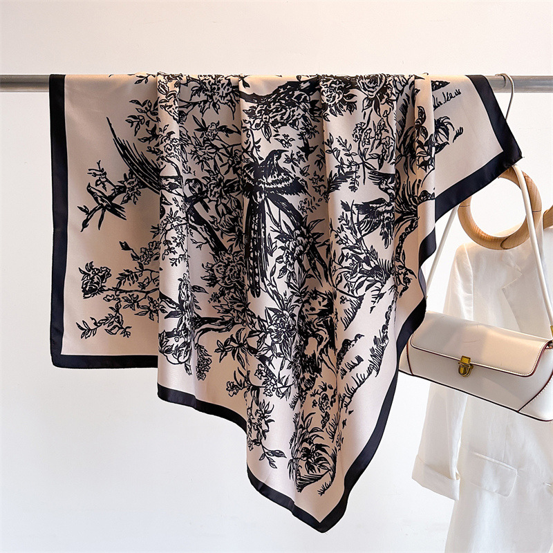 Foulard Carré à Imprimé Floral pour Femme, 90x90cm, Écharpe Design de Marque de Luxe, Motif Floral, Oiseau sur Arbre, Mouchoir, Bandana, 2024