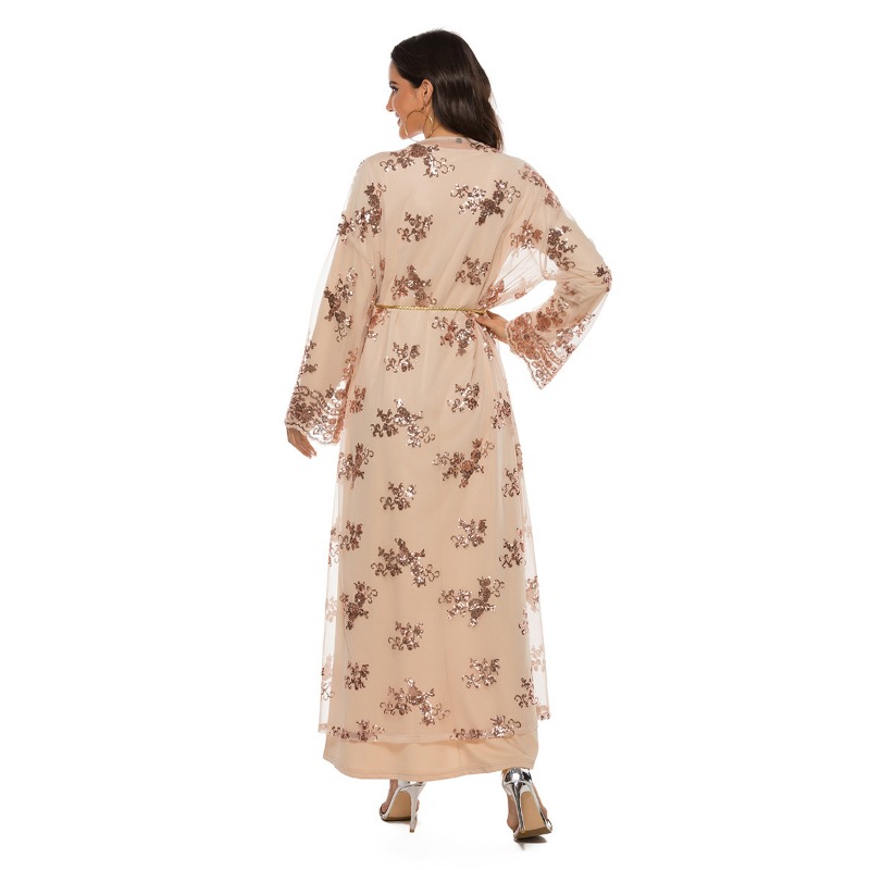 Musulman perlé paillettes Sexy brodé dubaï turquie dames Cardigan mode femmes Islam robe à manches longues à travers maille voir manteau