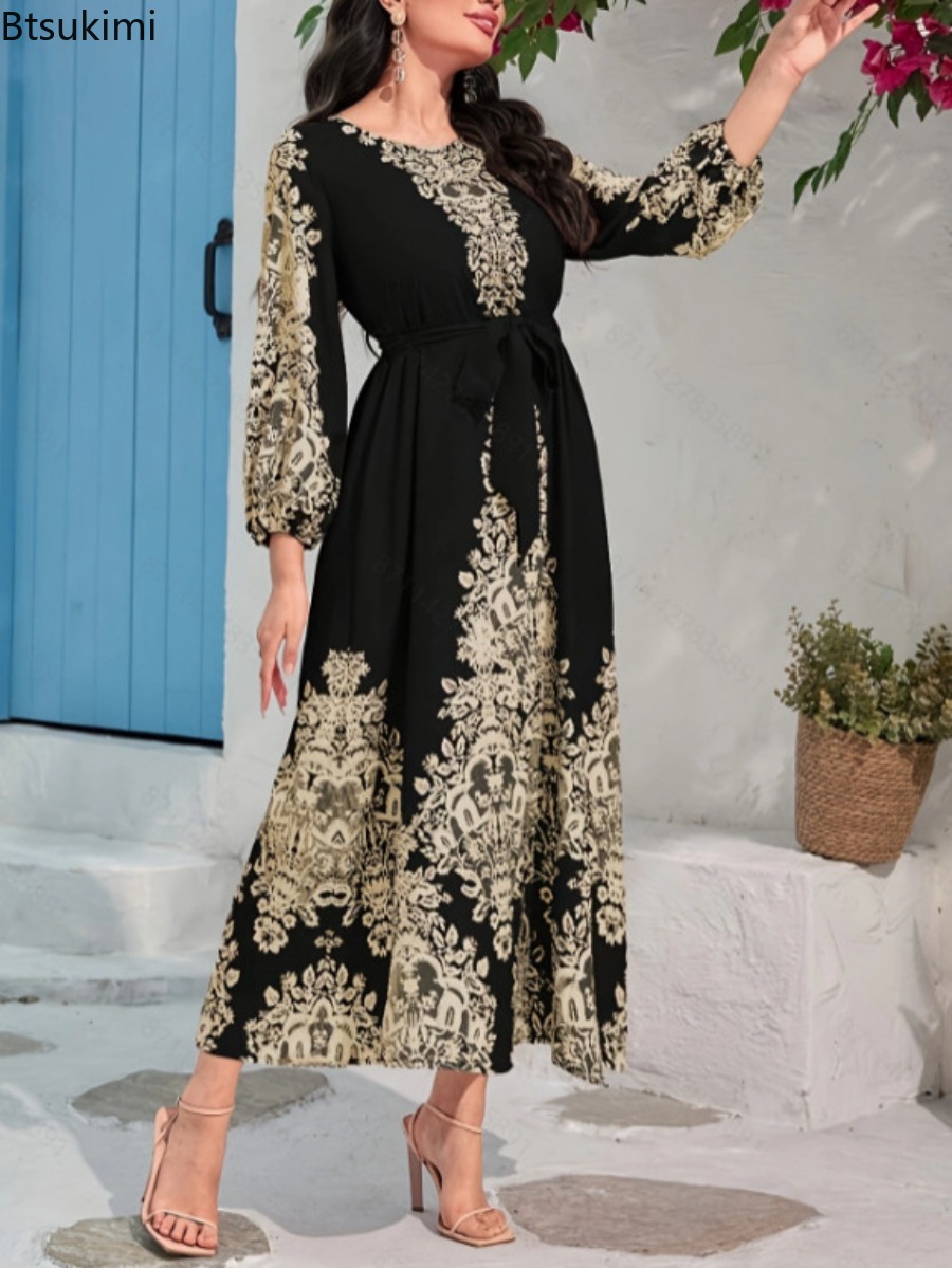 Robe longue imprimée pour femme, Abaya musulmane, Jalabiya de fête, Kaftan élégant, Robe longue arabe, Caftan marocain, Robe de soirée pour l'Aïd et le Ramadan