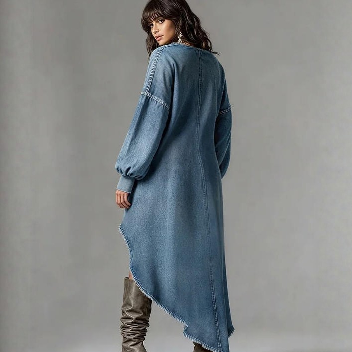Robe en jean ample pour femme, col en V sexy, manches lanternes, ourlet irrégulier asymétrique, robe longue élégante, robes décontractées de printemps pour femmes