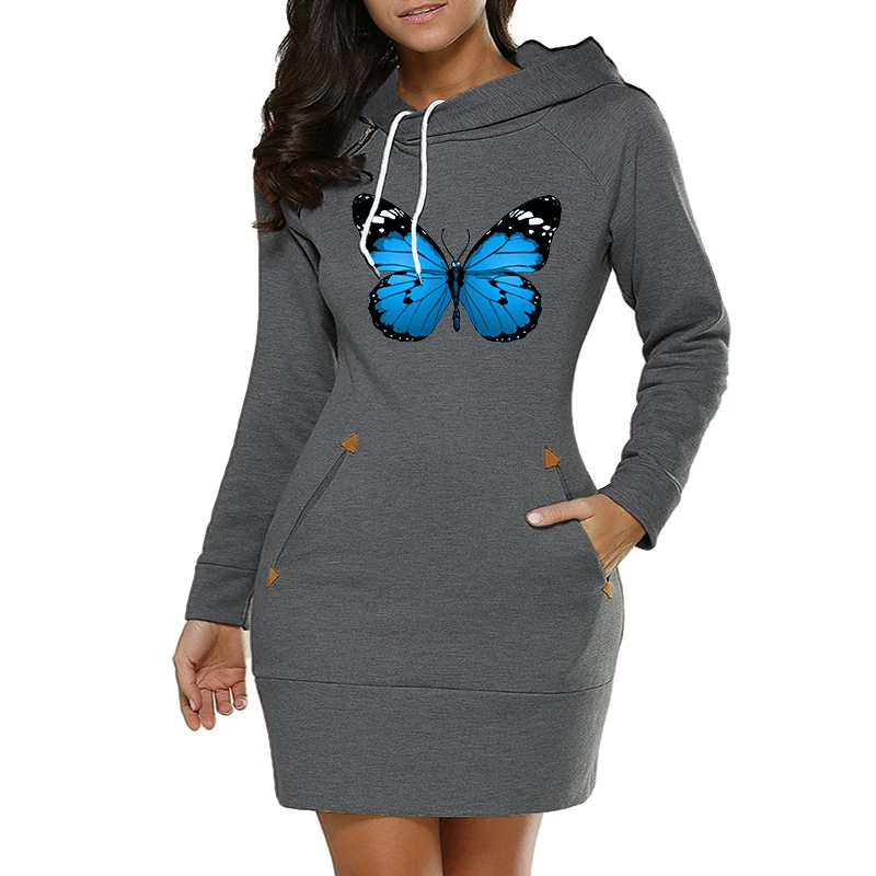 Robe imprimée papillon pour femme, robe à capuche, longueur genou, fermeture éclair latérale, sport de la présidence, automne, sourire chaud, jupe décontractée 03, mode
