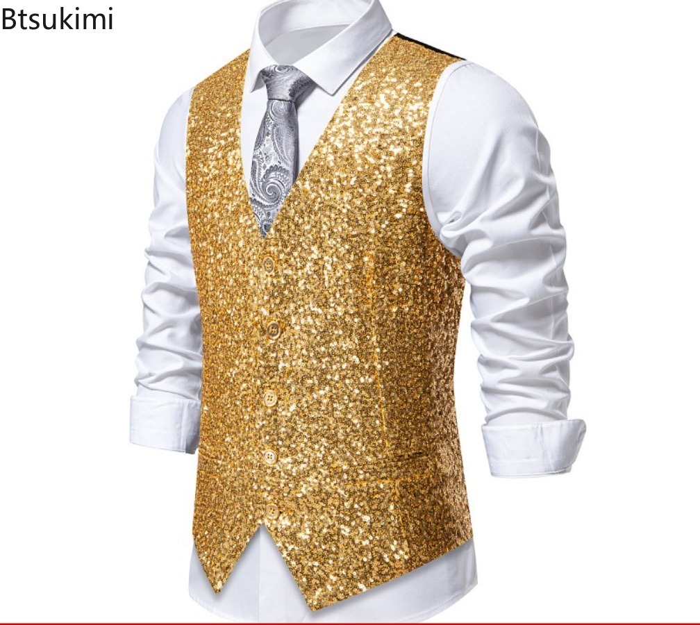 Gilet de Costume à paillettes dorées brillantes pour hommes, à la mode, simple boutonnage, Slim, scintillant, de luxe, pour fête de mariage, scène, bal de promo