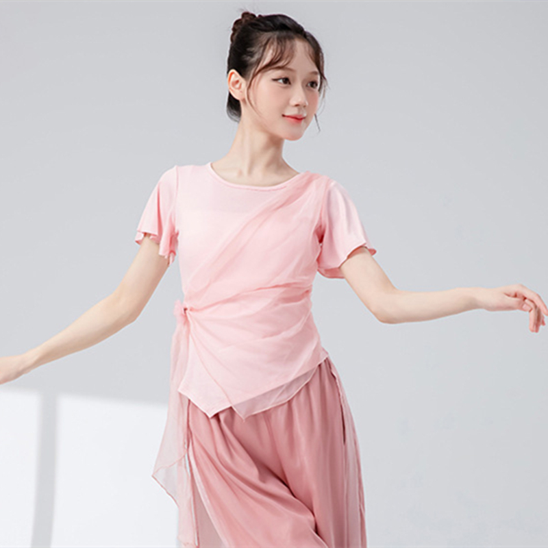 Haut de danse moderne pour femmes, T-Shirt à manches courtes épissé, gaze réglable, vêtements d'entraînement classiques, chemisier de scène fluide, T-Shirt décontracté