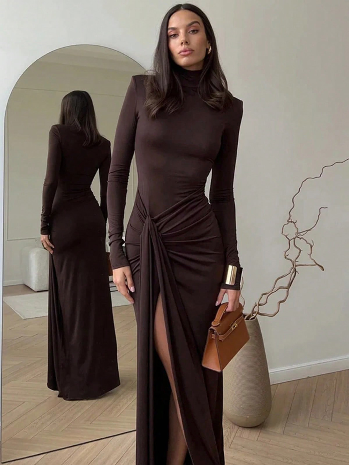 Robe Maxi moulante à col roulé Chic, froncée sur le côté, fente haute, manches longues, tenue élégante Vintage pour soirée, robes de bal