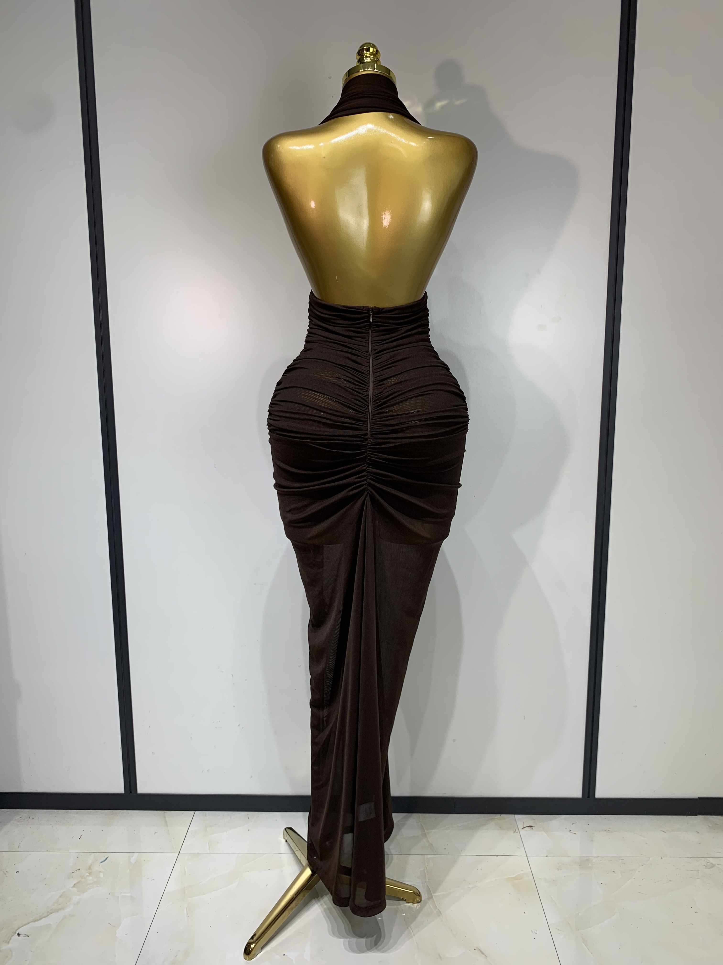 Robe longue marron sexy pour femme, dos nu, froncée, élégante, de soirée, de luxe, pour célébrités, anniversaire, boîte de nuit, cocktail, bal de promo