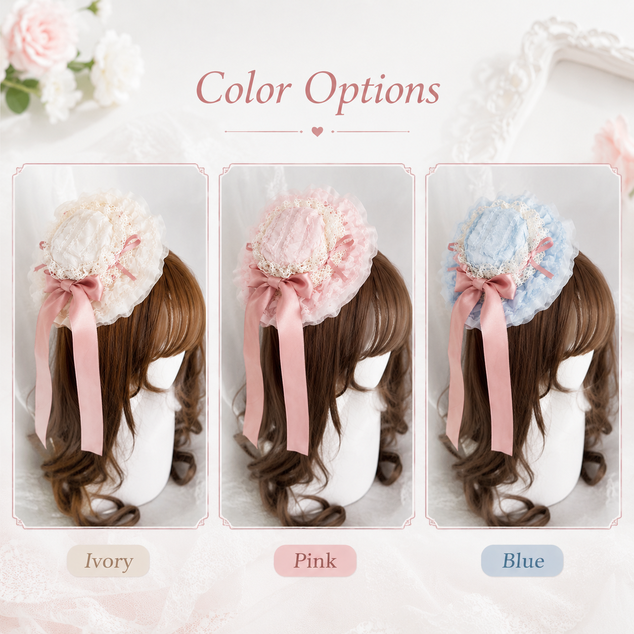 Bonnet vintage en dentelle Lolita avec long ruban en satin, accessoire pour cheveux à volants pour femmes et filles, 3 couleurs
