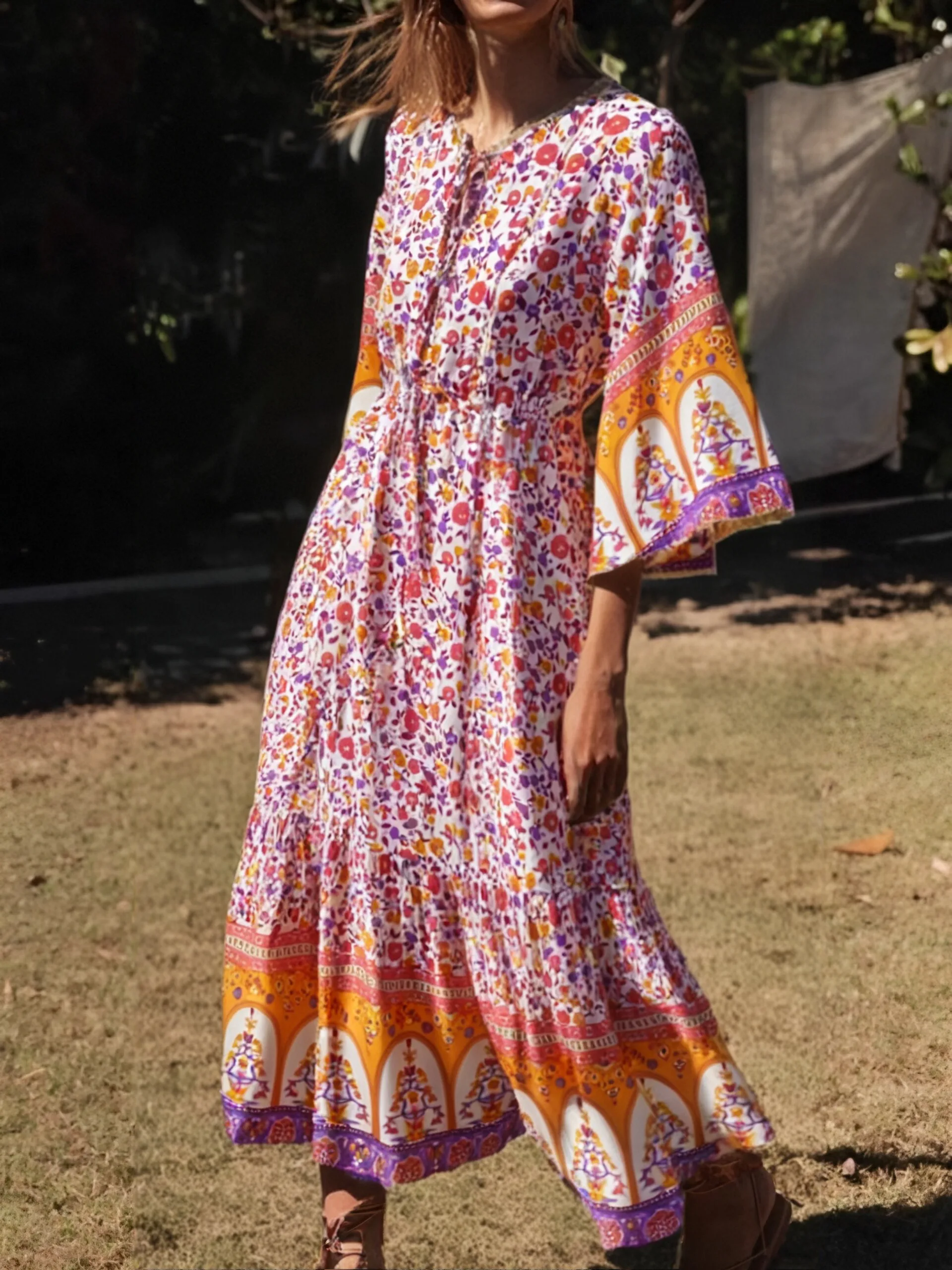 Robe maxi bohème à manches chauve-souris pour femmes, imprimé floral noir, robe de plage pour dames, robe éducative, dîner Boho, mode d'été