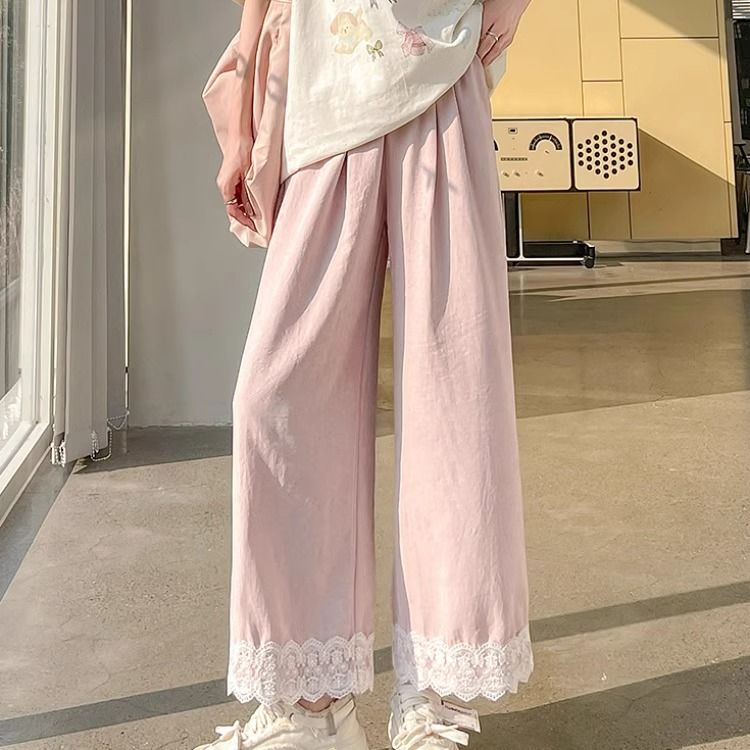 Pantalon droit ample en dentelle pour femmes, en soie glacée, décontracté et polyvalent, à neuf points, été