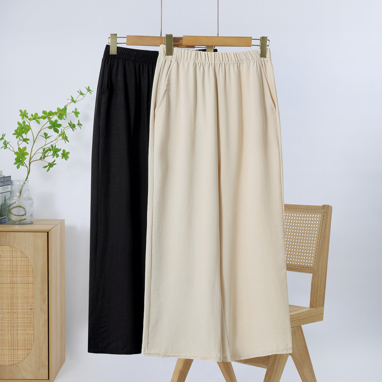 Pantalon d'été vintage pour femme, coupe large, taille élastique, couleur unie, droit, décontracté, ample, grande taille