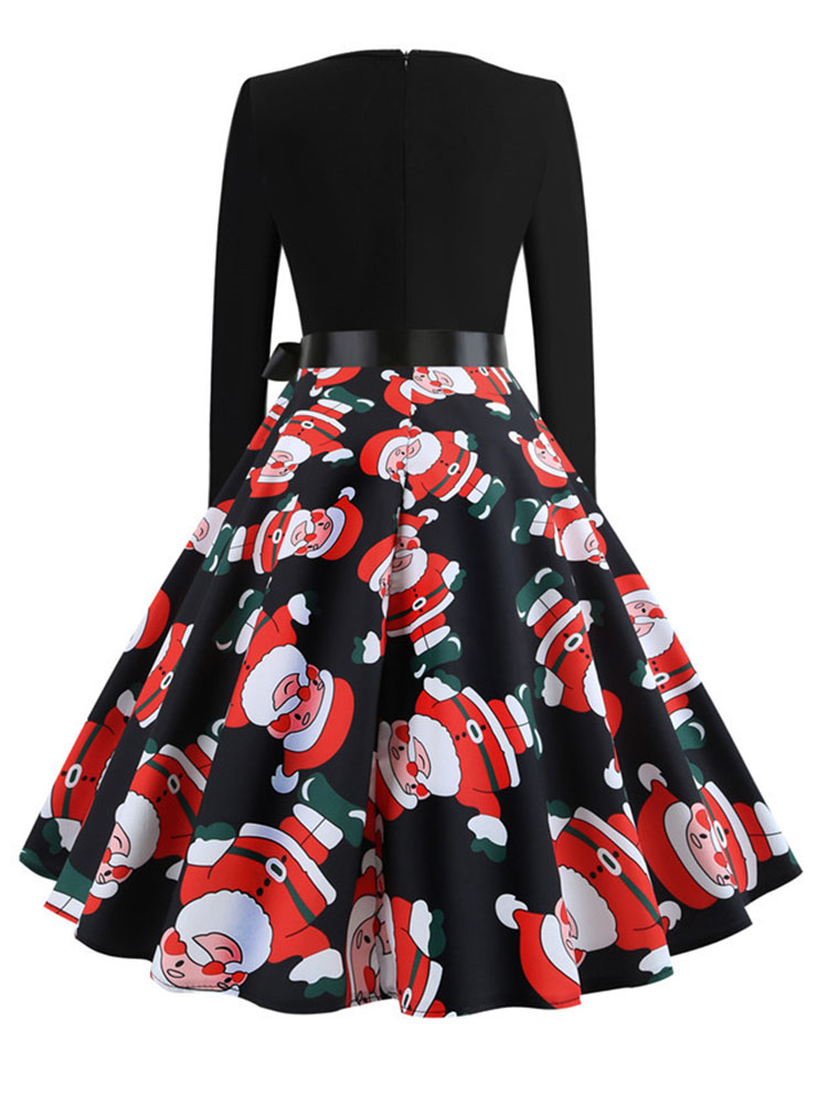 Robes de Noël d'hiver pour femmes, style vintage années 50-60, robe swing pin-up élégante, robe de soirée à manches longues, imprimé décontracté noir
