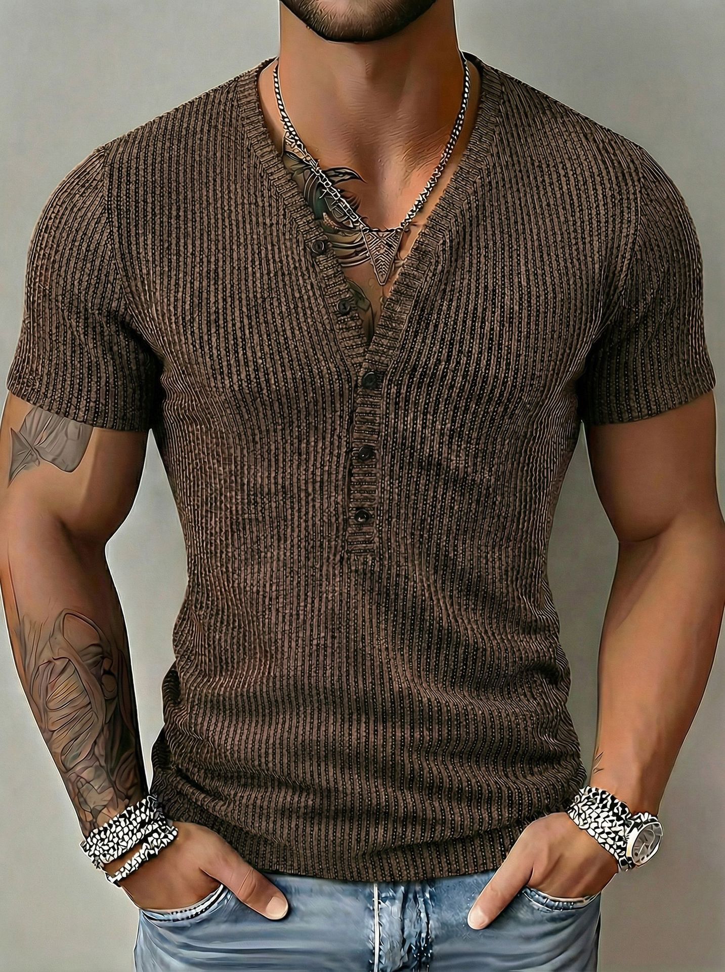 T-shirt vintage pour homme, couleur unie, manches courtes, polo, chemises Henry, tee-shirt décontracté d'été, confortable, vêtements pour homme