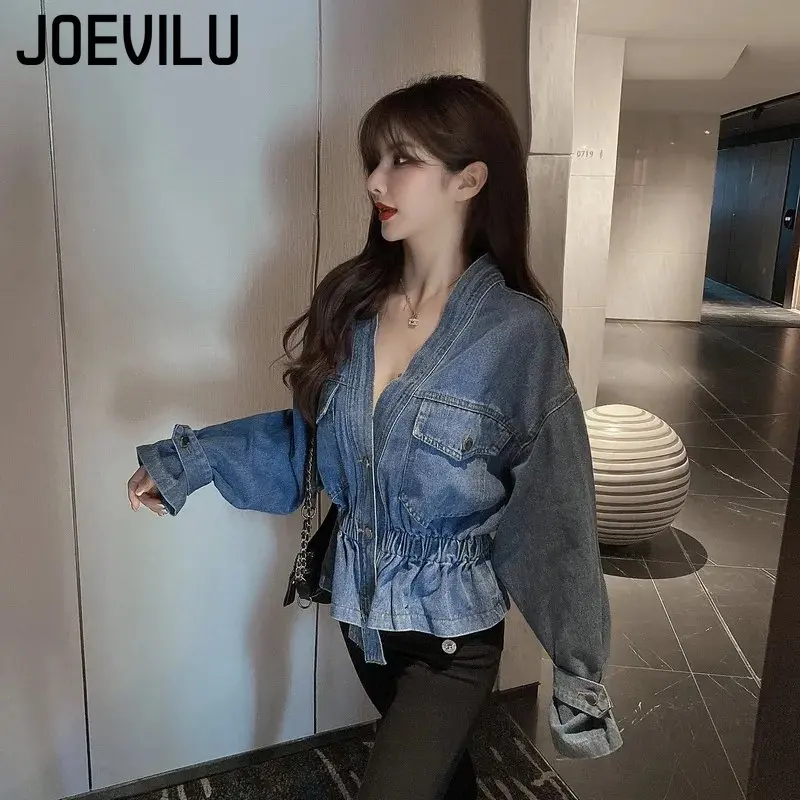 Veste en Jean Plissée à Col en V pour Femme, Manteau Slim, Mode Coréenne, Chemise Irrégulière Personnalisée, Denim Décontracté, Automne