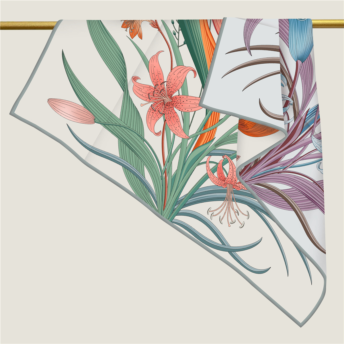 90CM roulé à la main sergé foulard en soie femmes plante fleurs Double imprimé foulards carrés enveloppes Echarpes Foulards Femme Hijab