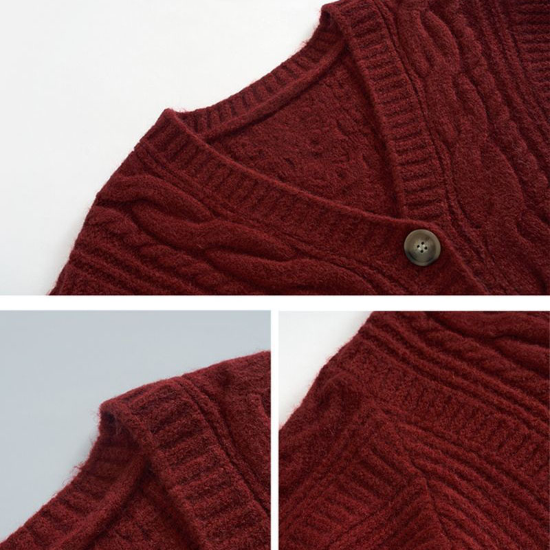 Cardigan court à manches longues et col en v pour femme, couleur unie, Vintage, torsadé, tricoté, avec boutons, nouvelle collection automne hiver