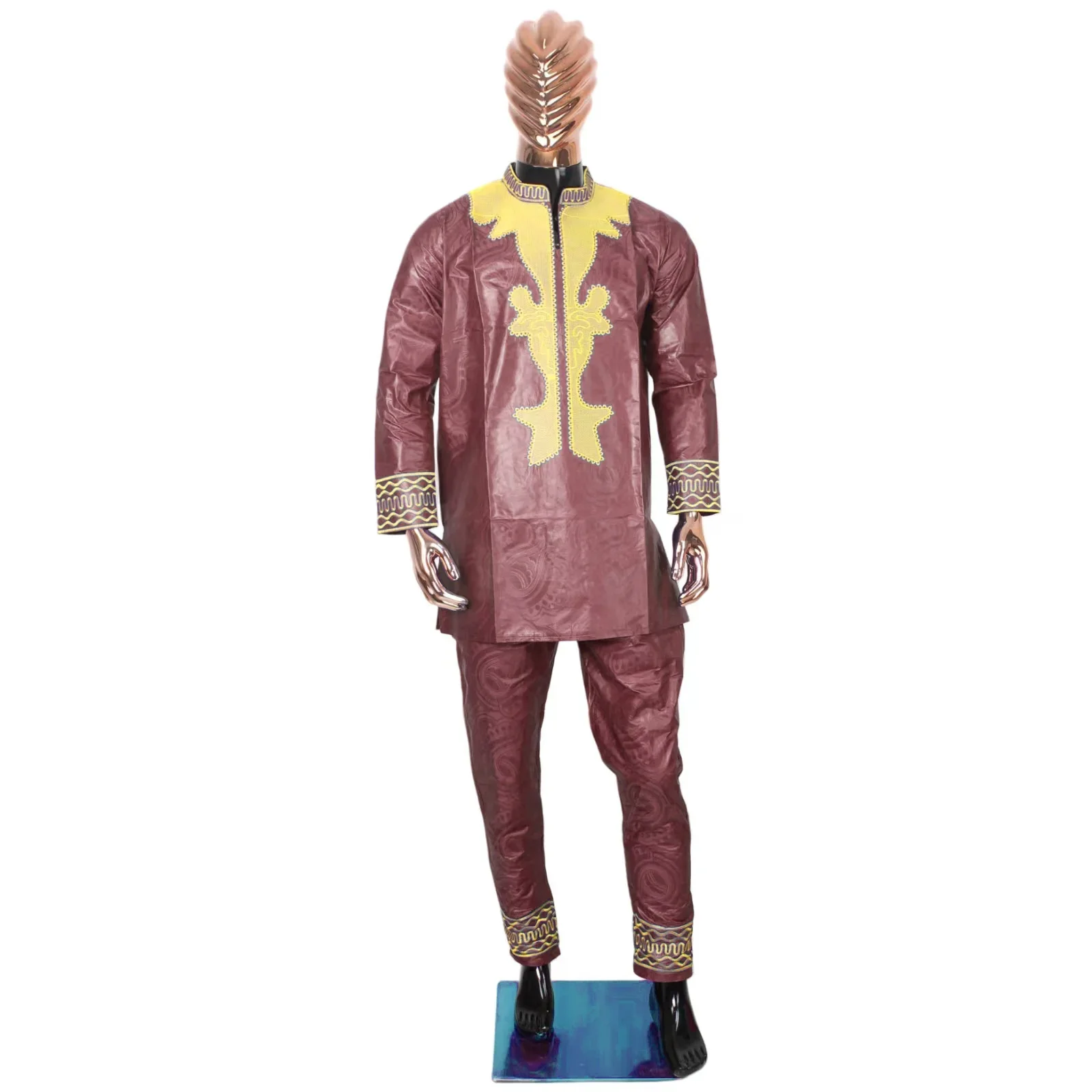 Robe africaine en bazin riche pour hommes et femmes, haut avec pantalon, motif de broderie