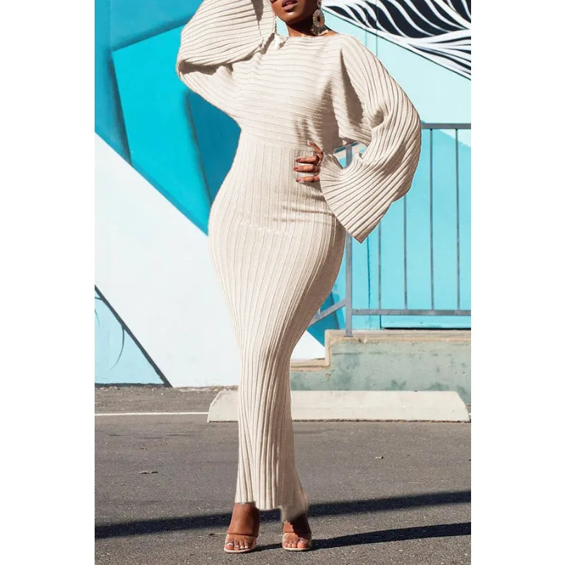 Robe noire en maille pour femme, col rond, manches longues, moulante, mi-longue, élégante, très extensible, légère et ample