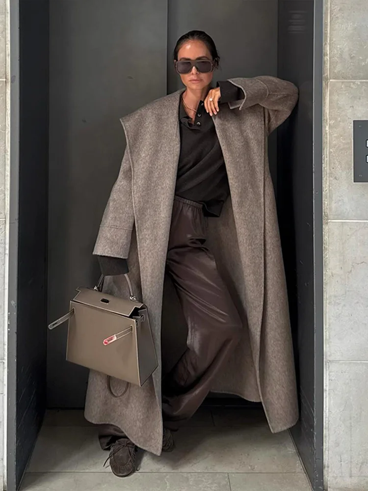 Manteau Long surdimensionné en laine pour femme, élégant, couleur unie, col châle, point ouvert, à lacets, automne-hiver, vêtements d'extérieur décontractés, 2025