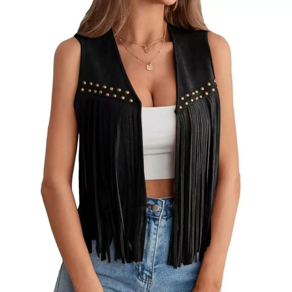 Gilet rétro à franges tendance avec détails rivetés, veste ouverte style western, noir/marron, sans manches, pour femme